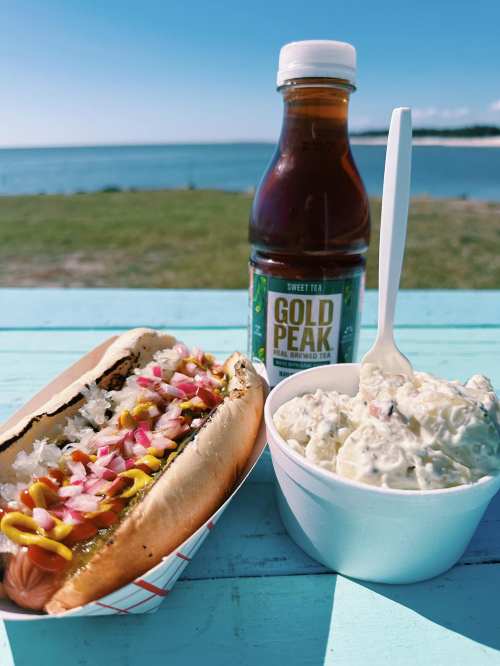 A hot dog with toppings, a bowl of potato salad, and a bottle of Gold Peak tea by a scenic waterfront.
