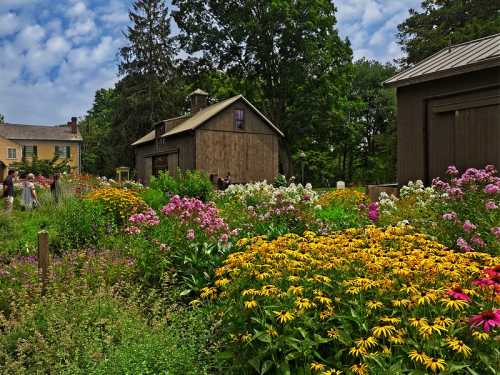 A vibrant garden filled with colorful flowers, surrounded by rustic buildings and lush greenery under a blue sky.