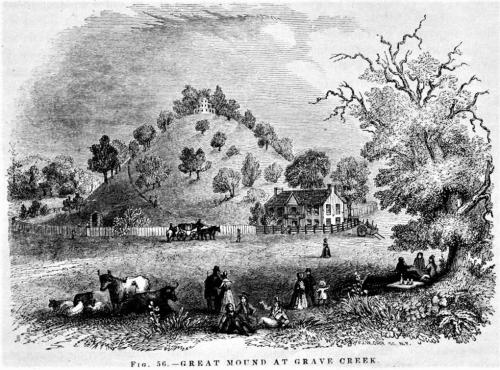 Illustration of Great Mound at Grave Creek, featuring a hill, houses, trees, and people with animals in a rural setting.