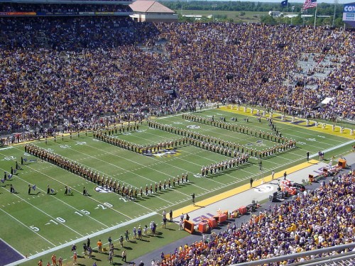 A large crowd in a stadium watches a marching band form a pattern on the football field, surrounded by purple and gold.