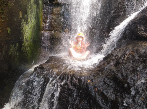 A person sitting on a rock under a waterfall, surrounded by flowing water and lush greenery.