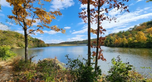 A serene lake surrounded by colorful autumn trees under a blue sky with fluffy clouds.