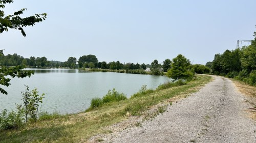 A serene lakeside path lined with greenery, leading along a calm water body under a clear sky.