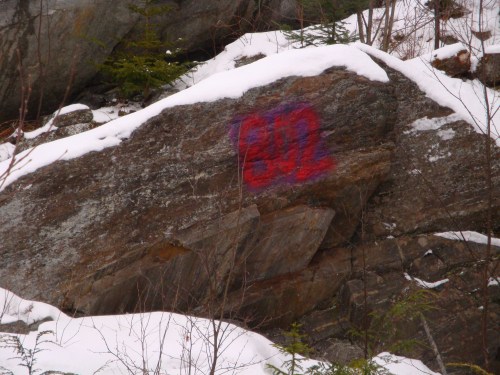 A large rock covered in snow, featuring a bright red spray-painted number "602" on its surface.
