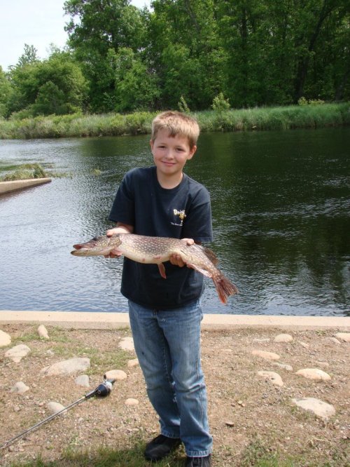 A young boy proudly holds a large fish by a river, surrounded by greenery and a calm water backdrop.