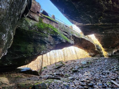 A rocky archway covered in moss, with sunlight filtering through trees in the background.