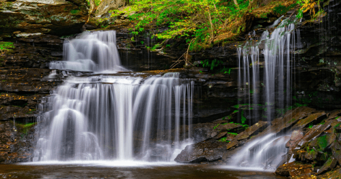 A serene waterfall cascading over dark rocks, surrounded by lush green foliage and a tranquil pool below.
