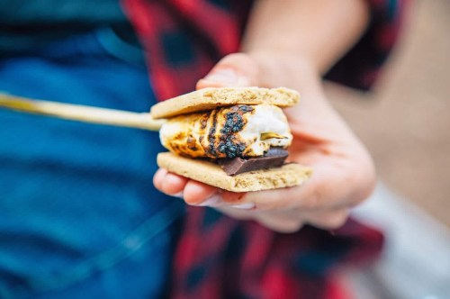 A hand holding a s'more with a toasted marshmallow and chocolate between two graham crackers.