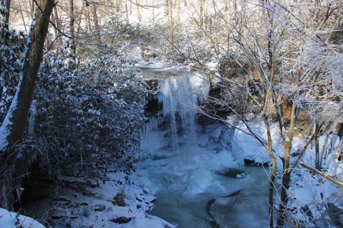 A frozen waterfall surrounded by snow-covered trees and icy terrain, creating a serene winter landscape.