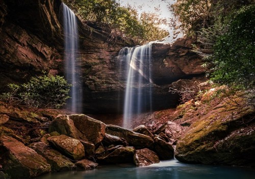 A serene waterfall cascades over rocky cliffs into a tranquil pool, surrounded by lush greenery and sunlight.
