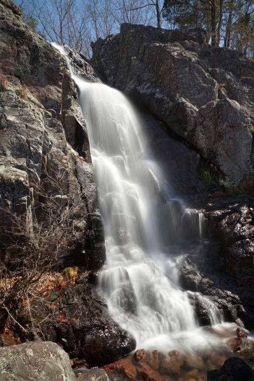 A serene waterfall cascading over rocky terrain, surrounded by bare trees and a clear blue sky.