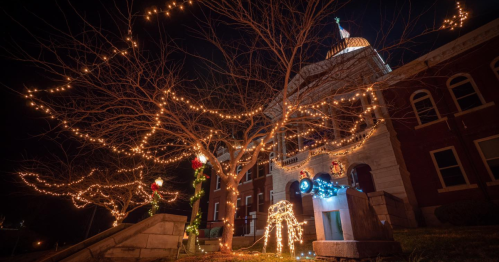 A historic building adorned with festive lights and decorations, surrounded by bare trees at night.