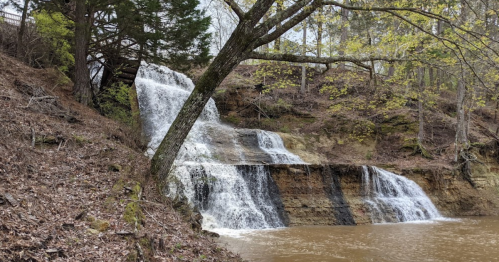 A serene waterfall cascading over rocky layers, surrounded by trees and earthy tones in a tranquil natural setting.