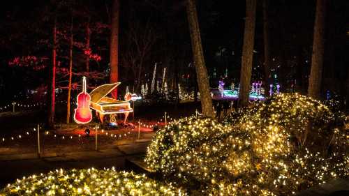 A festive scene with illuminated musical instruments and trees, surrounded by twinkling lights in a dark forest.