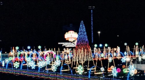 A vibrant display of colorful holiday lights, featuring a large tree and festive decorations against a dark night sky.