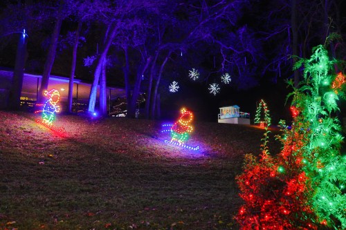 Colorful holiday lights decorate a park at night, featuring animated figures, trees, and snowflakes in the background.