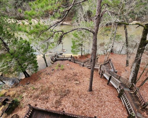 Winding wooden staircase through a forest of trees and fallen leaves, leading down to a riverbank.