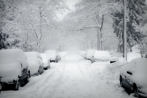 A snowy street lined with parked cars, blanketed in thick snow, creating a serene winter landscape.