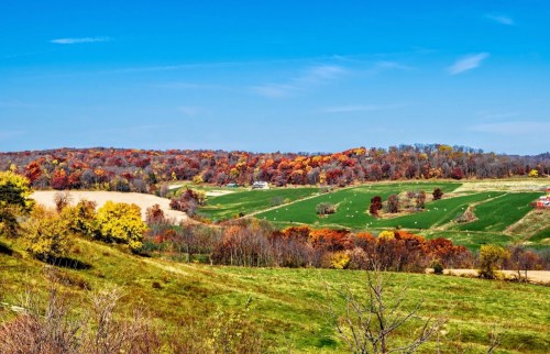Vibrant autumn landscape with rolling hills, colorful trees, and clear blue sky. Fields of green and golden hues are visible.