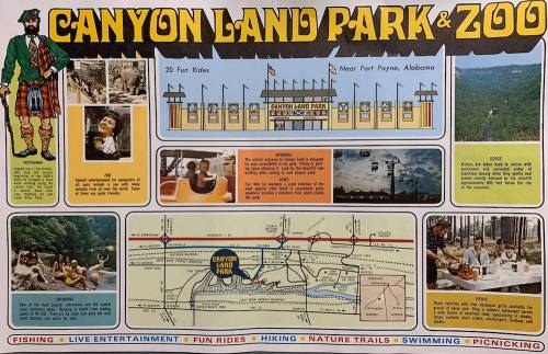 A colorful vintage poster for Canyon Land Park & Zoo, featuring attractions, activities, and a map of the park.