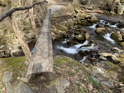A rustic wooden bridge spans a rocky stream, surrounded by trees and mossy stones in a serene natural setting.