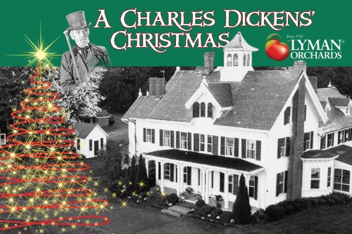 A vintage-style image featuring a Christmas tree and a historic house, promoting "A Charles Dickens' Christmas" event.