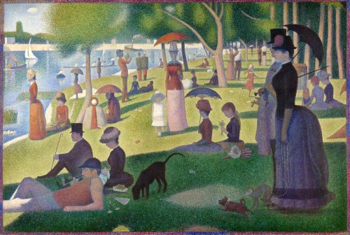 A vibrant park scene with people relaxing, picnicking, and enjoying the outdoors, surrounded by trees and water.