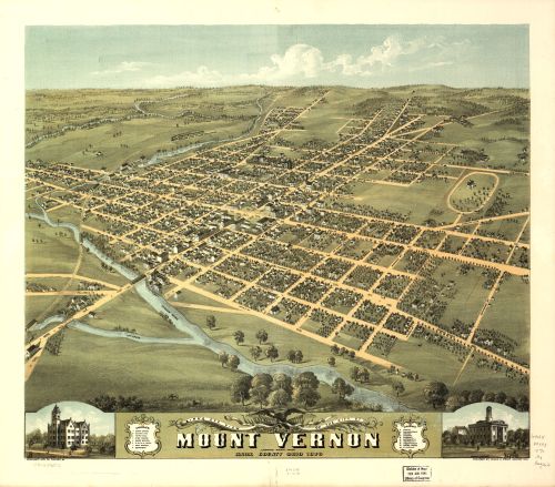 Aerial view illustration of Mount Vernon, showcasing streets, buildings, and surrounding landscape from 1879.