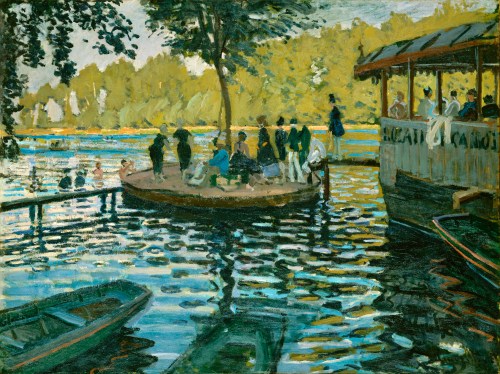 A vibrant scene of people by a riverbank, with boats and a café, surrounded by lush greenery and shimmering water.