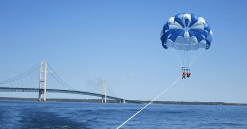 Two people parasailing over a calm blue lake, with a bridge visible in the background under a clear sky.