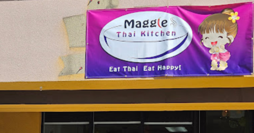 A colorful banner for "Maggie's Thai Kitchen" featuring a smiling cartoon girl and the slogan "Eat Thai Eat Happy!"