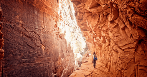 A hiker walks through a narrow, sunlit canyon with striking red rock formations on either side.