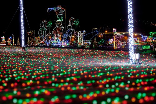 A vibrant display of colorful holiday lights covering the ground, with festive decorations in the background.