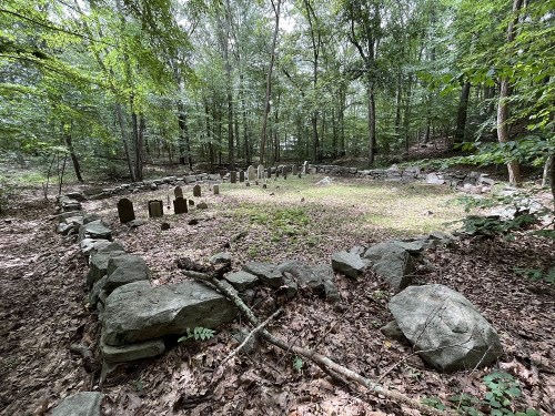 An overgrown cemetery surrounded by trees, featuring weathered gravestones and a stone boundary.