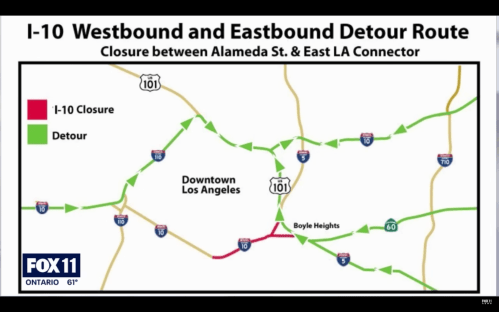 Map showing I-10 westbound and eastbound detour routes due to closure between Alameda St. and East LA Connector.