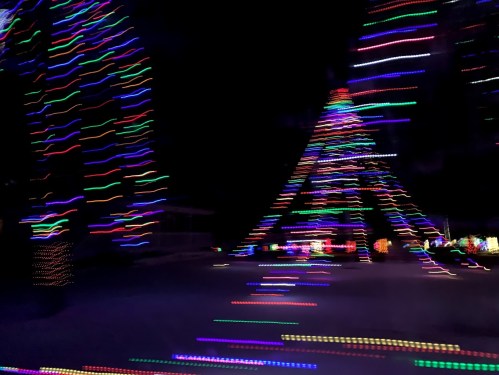 Colorful holiday lights create a vibrant, blurred display on trees and decorations against a dark night sky.