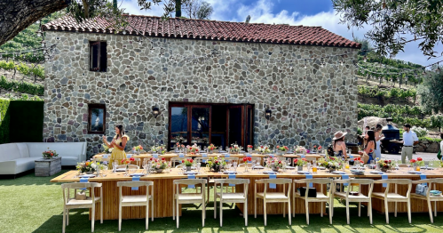A rustic stone building with a long outdoor dining table decorated with flowers, set in a vineyard. Guests mingle nearby.