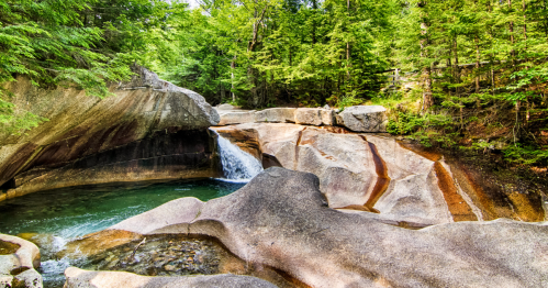 A serene natural scene featuring a small waterfall cascading into a clear pool, surrounded by lush green trees and rocky formations.