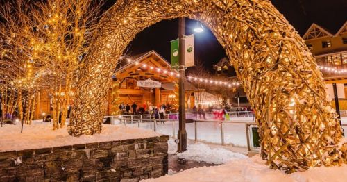A festive arch made of lights frames an ice skating rink surrounded by snow and trees at night.