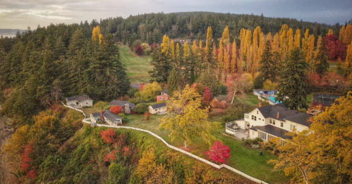 Aerial view of colorful autumn trees surrounding a cluster of houses on a hillside near a forest.
