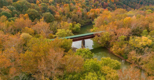Aerial view of a green bridge over a river, surrounded by vibrant autumn foliage in shades of orange and yellow.