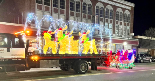 A festive parade float featuring illuminated reindeer and a colorful sleigh, decorated with lights, in a nighttime setting.