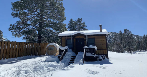 A cozy wooden cabin surrounded by snow, with a wooden fence and tall pine trees in the background under a clear blue sky.