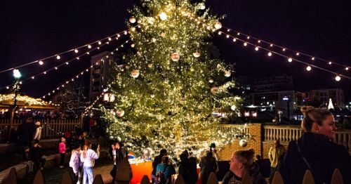 A beautifully lit Christmas tree adorned with ornaments, surrounded by people enjoying a festive evening.