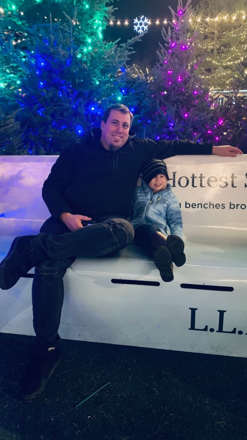 A man and a child sit together on a bench, surrounded by colorful holiday lights and trees.