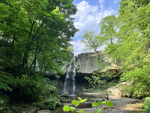 A serene waterfall cascades over a rocky ledge, surrounded by lush green trees and a clear blue sky.