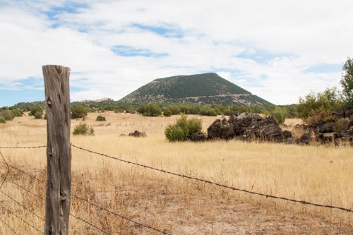 A grassy landscape with a mountain in the background, framed by a wooden fence and scattered rocks.