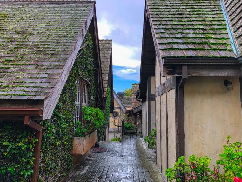 A narrow pathway between charming, ivy-covered cottages under a cloudy sky.