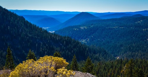 A panoramic view of rolling mountains and valleys, with lush green forests and a bright blue sky.