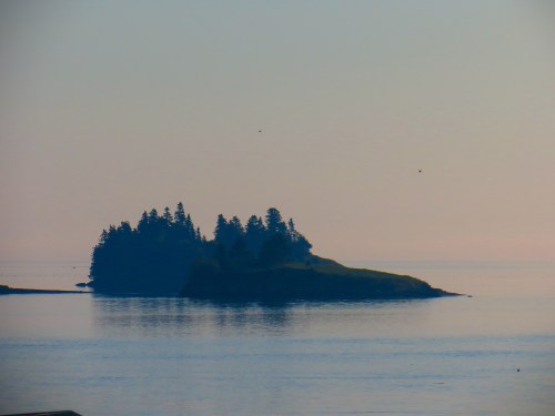 A serene island silhouette with trees, surrounded by calm water and a hazy sky in the background.